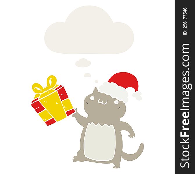 Cute Cartoon Christmas Cat And Thought Bubble In Retro Style