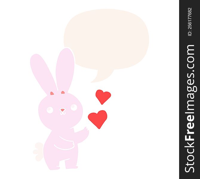 cute cartoon rabbit with love hearts with speech bubble in retro style. cute cartoon rabbit with love hearts with speech bubble in retro style