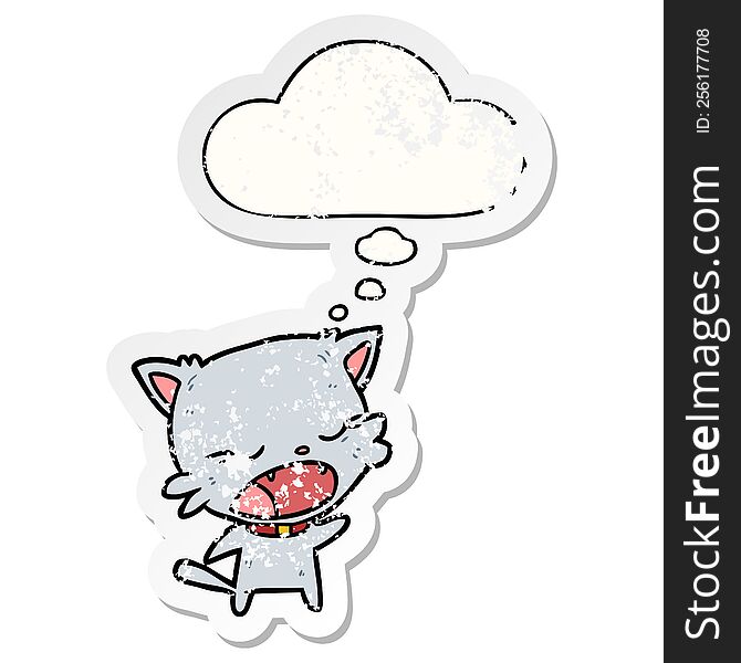 Cartoon Cat Talking And Thought Bubble As A Distressed Worn Sticker