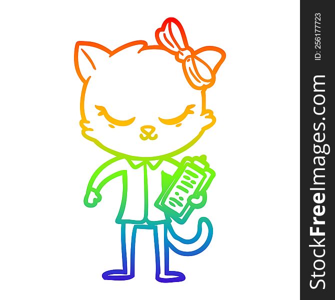 Rainbow Gradient Line Drawing Cute Cartoon Business Cat With Bow