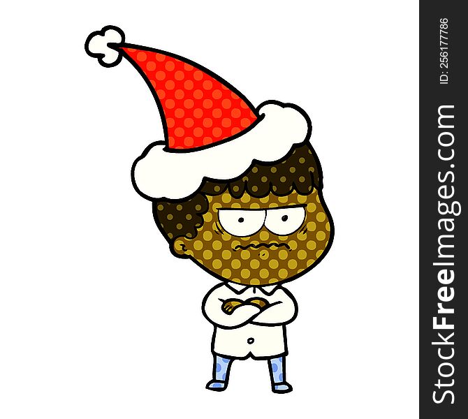 Comic Book Style Illustration Of An Annoyed Man Wearing Santa Hat