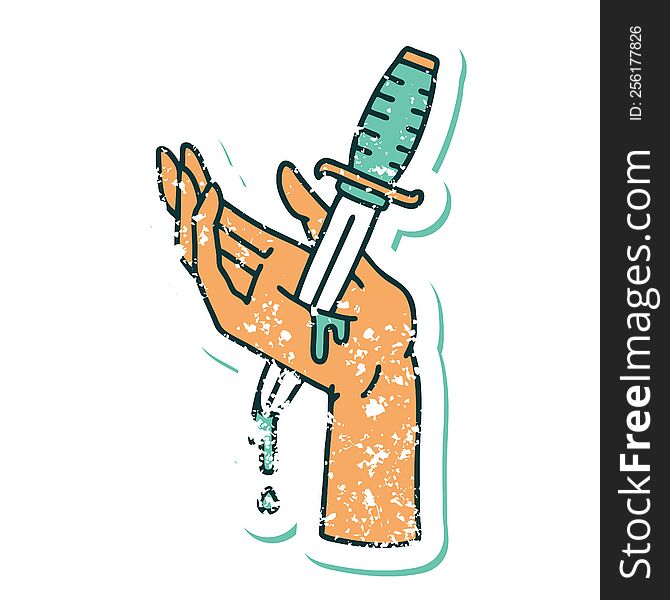 iconic distressed sticker tattoo style image of a dagger in the hand. iconic distressed sticker tattoo style image of a dagger in the hand