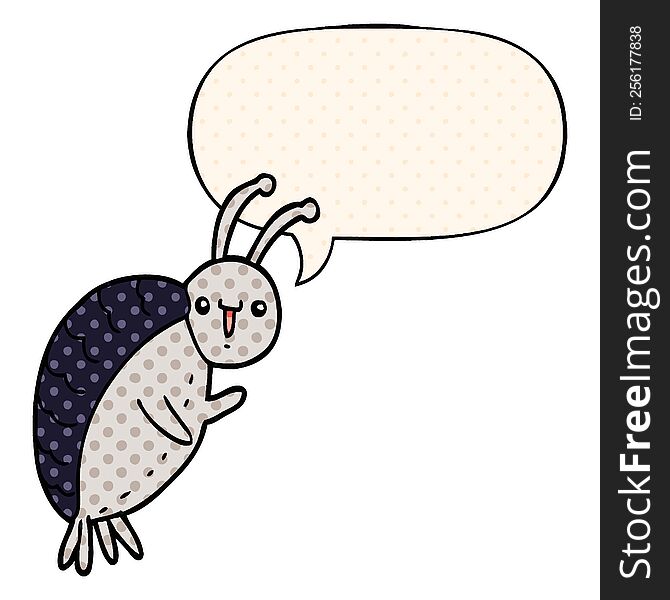 cartoon beetle with speech bubble in comic book style