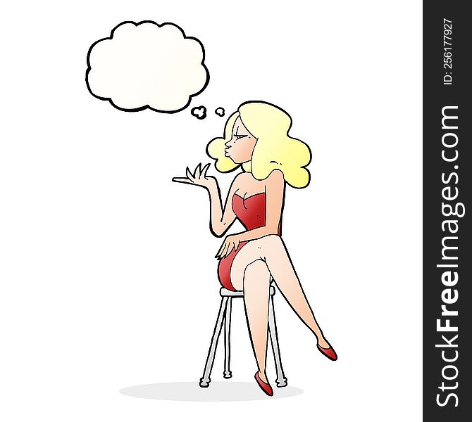 cartoon woman sitting on bar stool with thought bubble