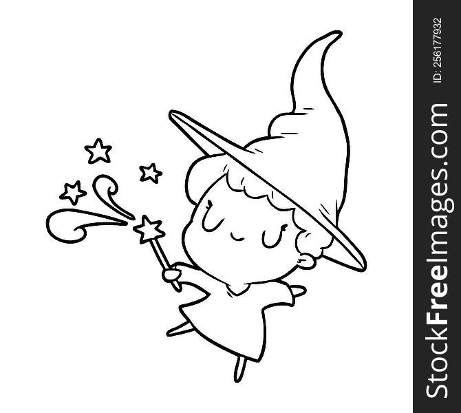 cute line drawing of a witch casting spell. cute line drawing of a witch casting spell