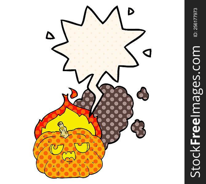 cartoon flaming halloween pumpkin with speech bubble in comic book style