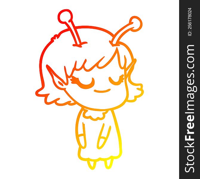 Warm Gradient Line Drawing Smiling Alien Girl Cartoon