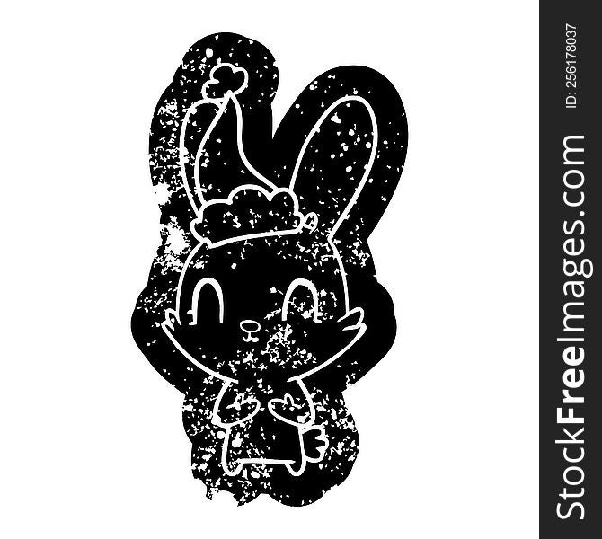 Cute Cartoon Distressed Icon Of A Rabbit Wearing Santa Hat