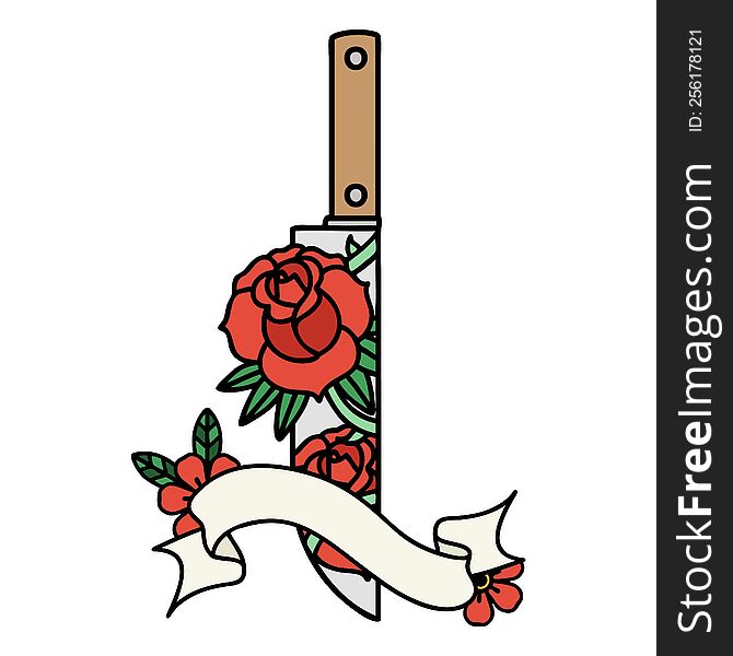 Tattoo With Banner Of A Dagger And Flowers