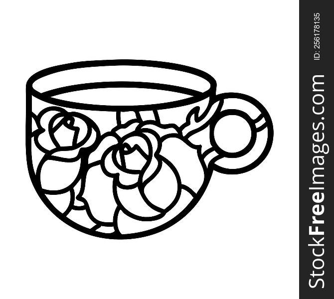 Black Line Tattoo Of A Cup And Flowers