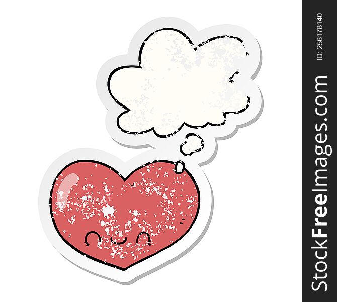 Cartoon Love Heart Character And Thought Bubble As A Distressed Worn Sticker