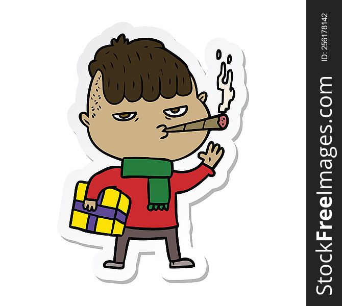 sticker of a cartoon man smoking carrying christmas gift