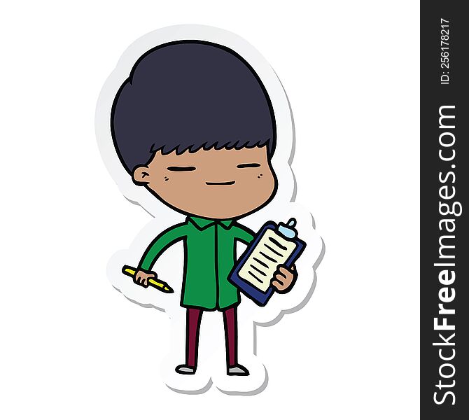 sticker of a cartoon smug boy with clip board