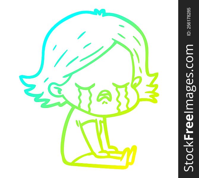 cold gradient line drawing of a cartoon girl crying sat on floor