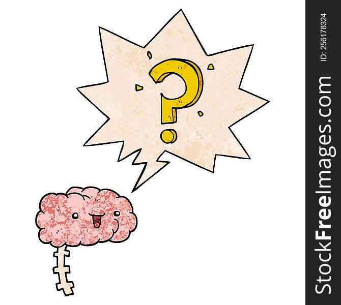 cartoon curious brain with speech bubble in retro texture style