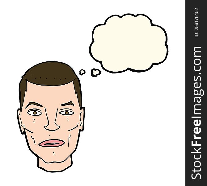 cartoon serious male face with thought bubble