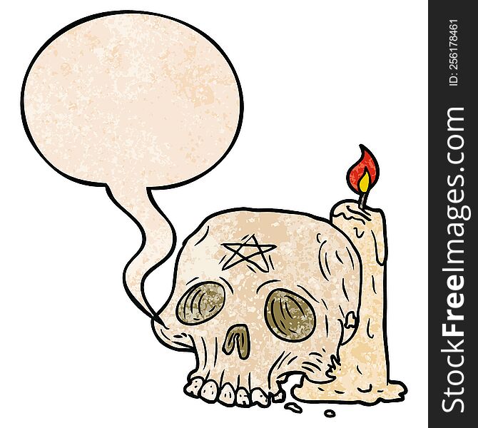 cartoon spooky skull and candle with speech bubble in retro texture style