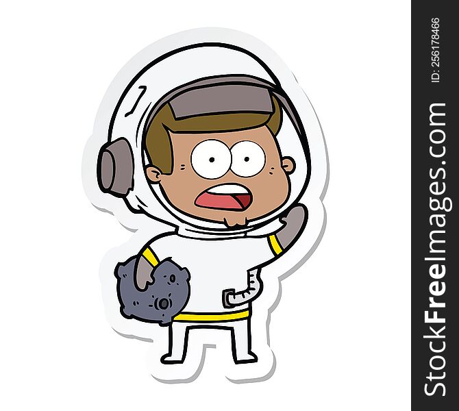 sticker of a cartoon surprised astronaut holding moon rock