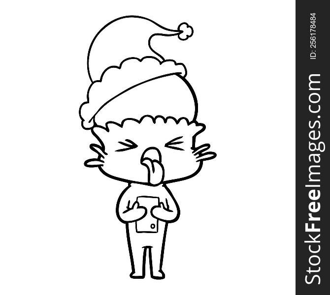 disgusted hand drawn line drawing of a alien wearing santa hat. disgusted hand drawn line drawing of a alien wearing santa hat