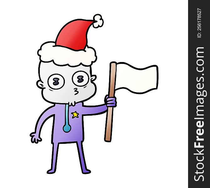 Gradient Cartoon Of A Weird Bald Spaceman With Flag Wearing Santa Hat