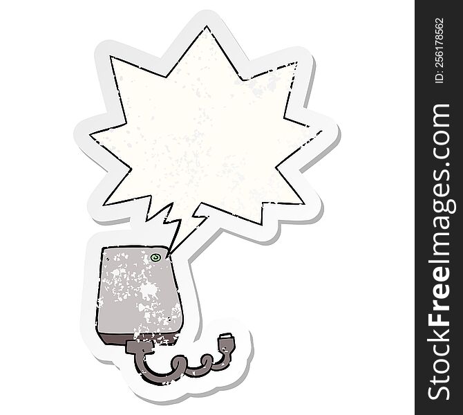 cartoon hard drive and speech bubble distressed sticker