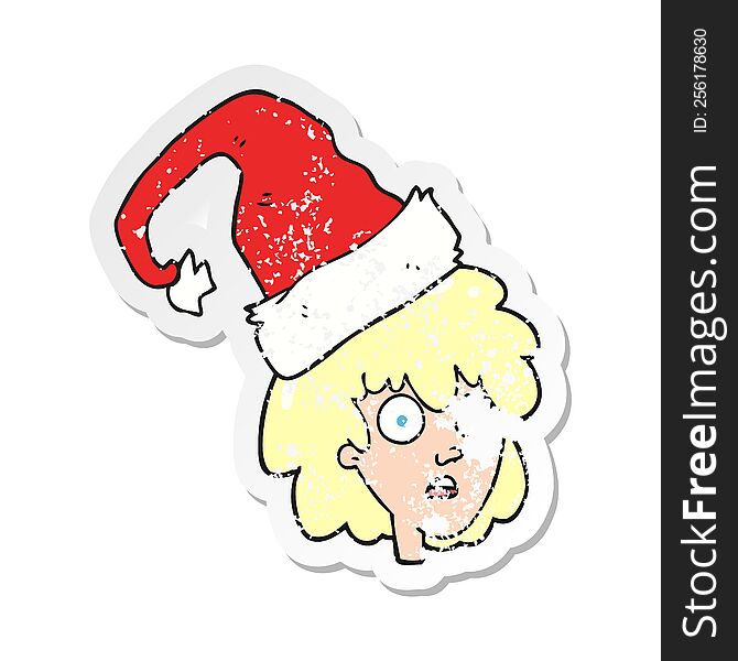 Retro Distressed Sticker Of A Cartoon Woman With Santa Hat