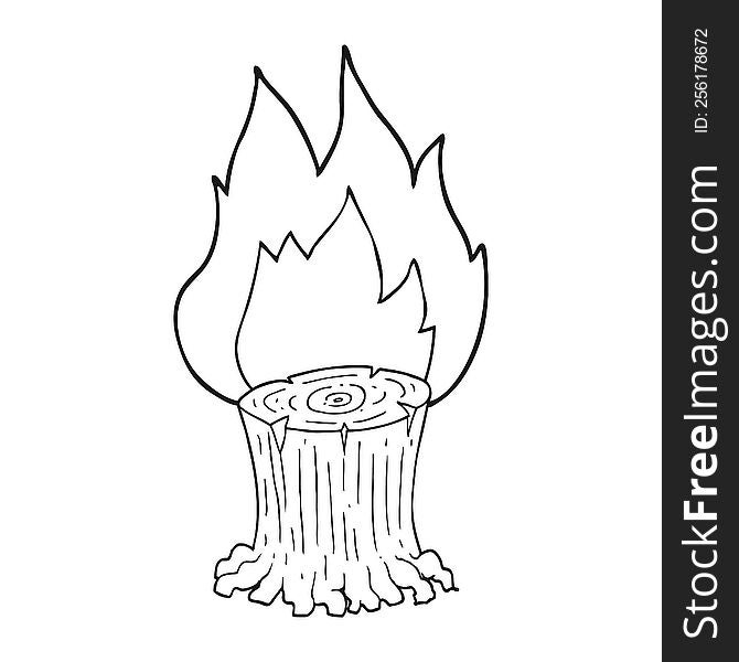 freehand drawn black and white cartoon big tree stump on fire