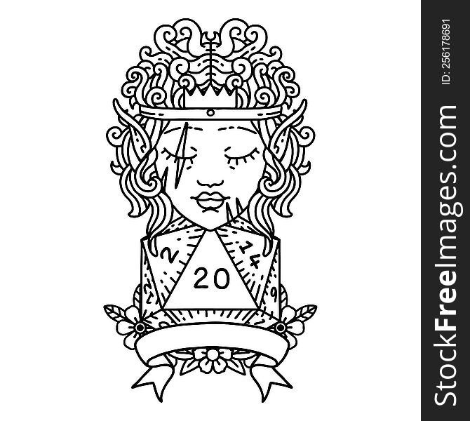Black and White Tattoo linework Style elf barbarian character with natural twenty dice roll. Black and White Tattoo linework Style elf barbarian character with natural twenty dice roll