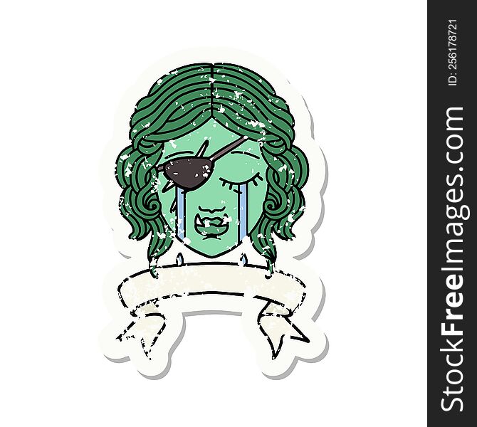 grunge sticker of a crying orc rogue character face. grunge sticker of a crying orc rogue character face