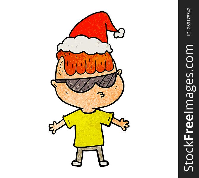 textured cartoon of a boy wearing sunglasses wearing santa hat