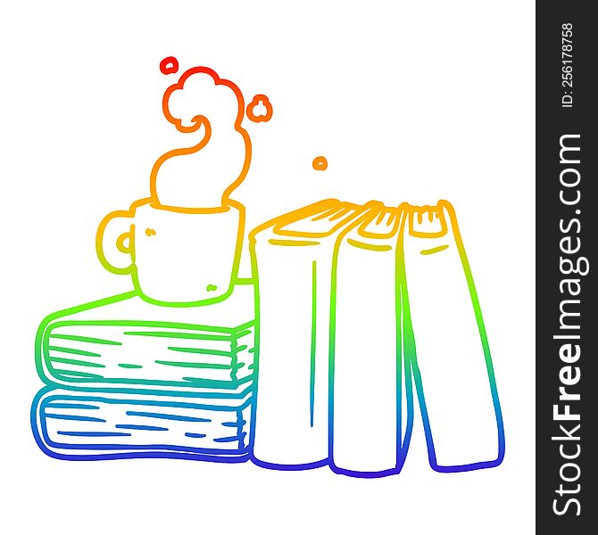 rainbow gradient line drawing of a cartoon coffee cup and study books