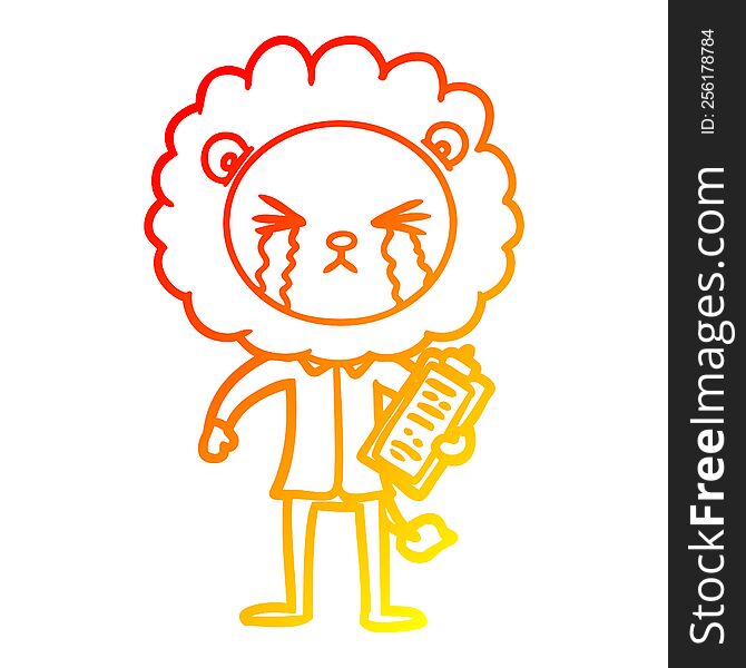 Warm Gradient Line Drawing Cartoon Crying Lion With Clipboard