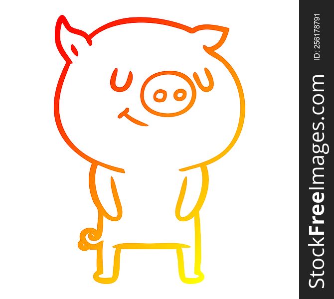 warm gradient line drawing of a happy cartoon pig