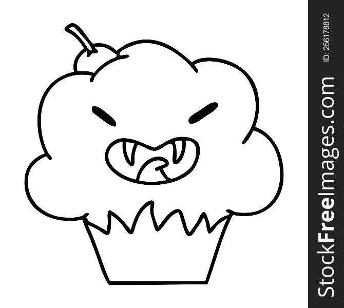 line doodle of a spooky halloween vampire muffin. line doodle of a spooky halloween vampire muffin