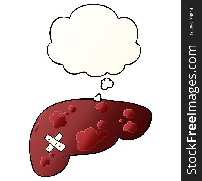 cartoon unhealthy liver and thought bubble in smooth gradient style