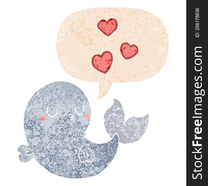 cute cartoon whale in love with speech bubble in grunge distressed retro textured style. cute cartoon whale in love with speech bubble in grunge distressed retro textured style