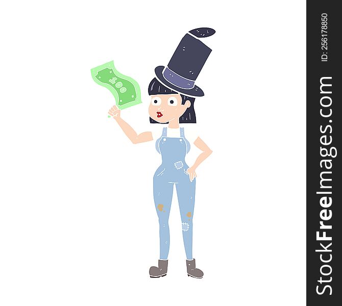 flat color illustration of woman holding on to money. flat color illustration of woman holding on to money