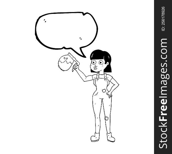 Speech Bubble Cartoon Woman In Dungarees With Coffee
