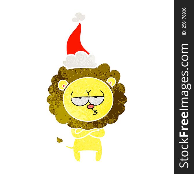 hand drawn retro cartoon of a tired lion wearing santa hat