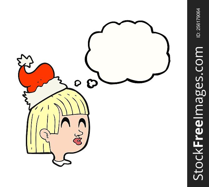 freehand drawn thought bubble cartoon girl wearing christmas hat. freehand drawn thought bubble cartoon girl wearing christmas hat