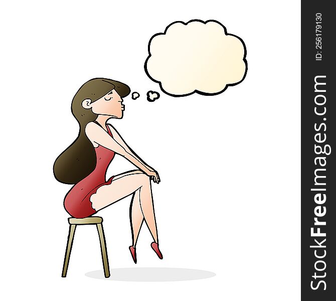 cartoon woman sitting on stool with thought bubble