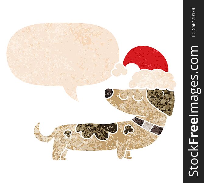 Cartoon Dog Wearing Christmas Hat And Speech Bubble In Retro Textured Style