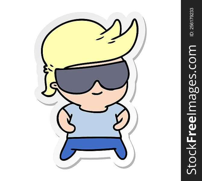 sticker cartoon illustration kawaii kid with shades. sticker cartoon illustration kawaii kid with shades