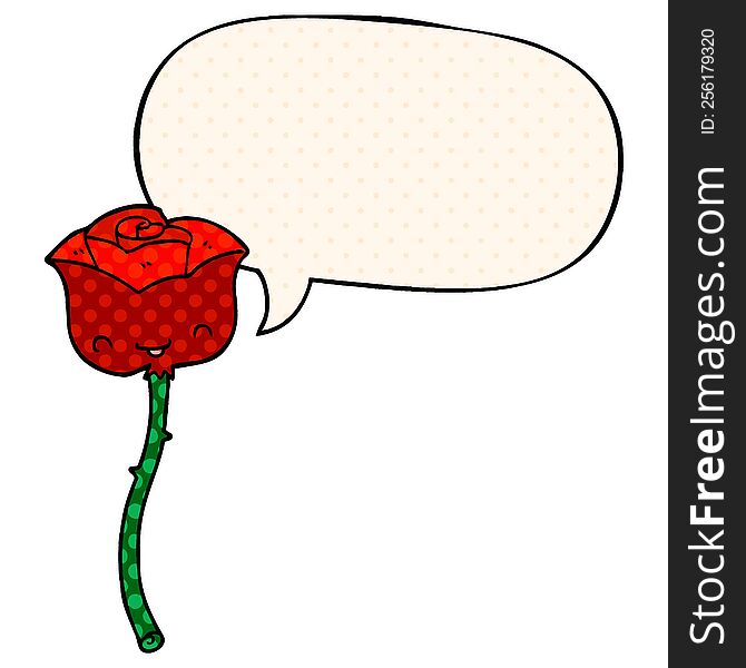 cartoon rose with speech bubble in comic book style