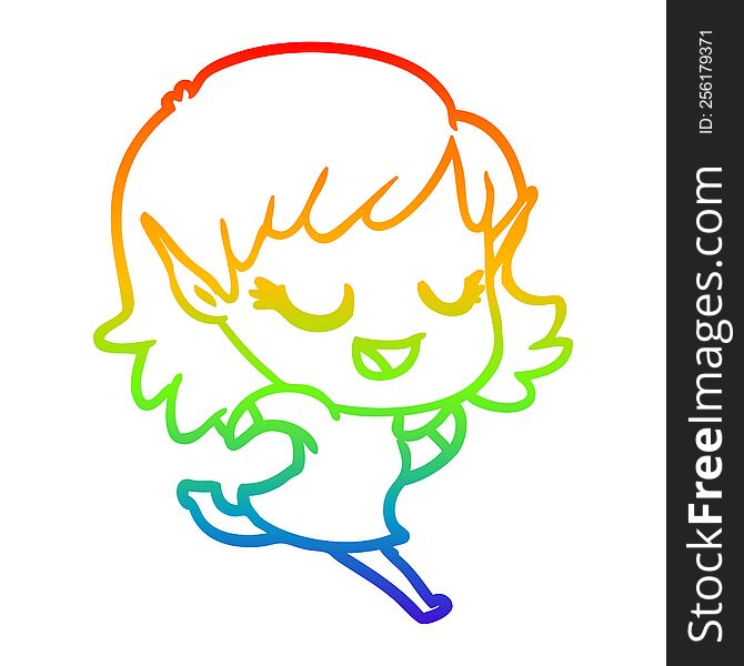 Rainbow Gradient Line Drawing Happy Cartoon Elf Girl Running