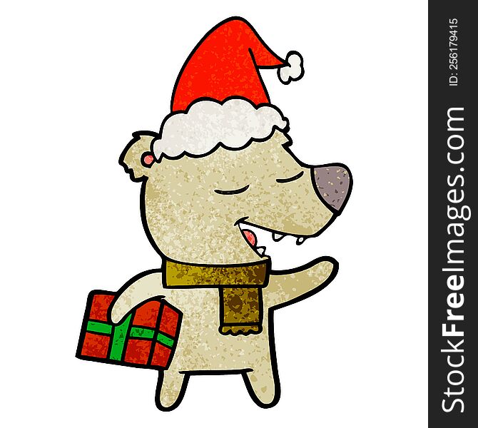 hand drawn textured cartoon of a bear with present wearing santa hat