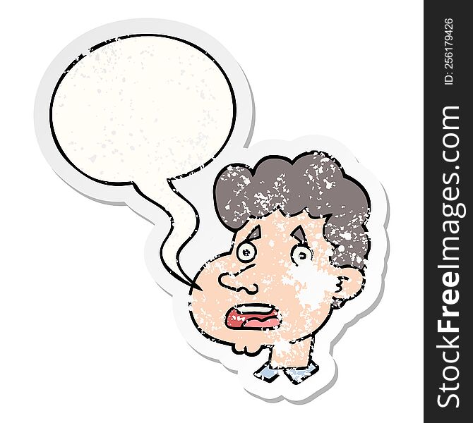 Cartoon Shocked Man And Speech Bubble Distressed Sticker