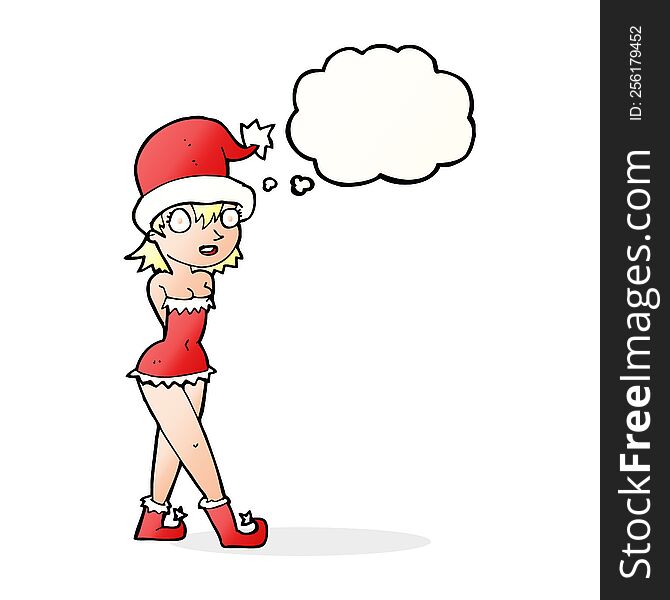 Cartoon Woman In Christmas Elf Costume With Thought Bubble