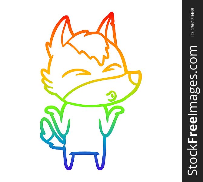 Rainbow Gradient Line Drawing Cartoon Wolf Shrugging Shoulders