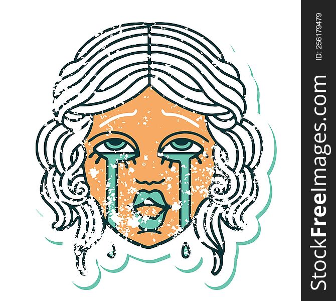 Distressed Sticker Tattoo Style Icon Of A Very Happy Crying Female Face